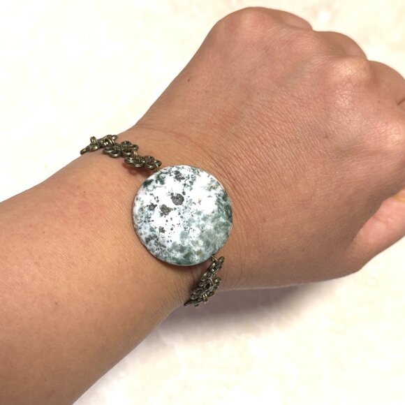 2/$20, Genuine White Green Tree Agate Bracelet, Gemstone + Antique Bronze Flower - Picture 10 of 12